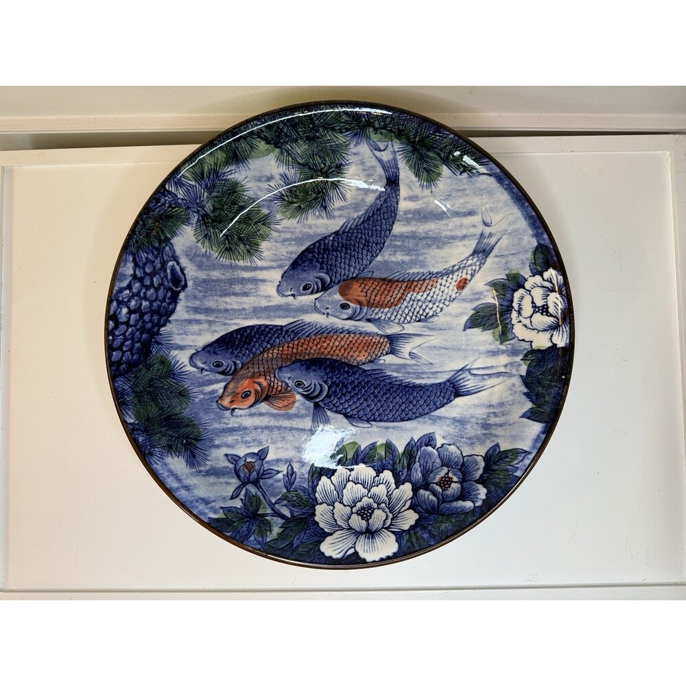 Vintage Japanese Koi Fish Porcelain Serving Bowl Blue White Lotus 12” Decorative